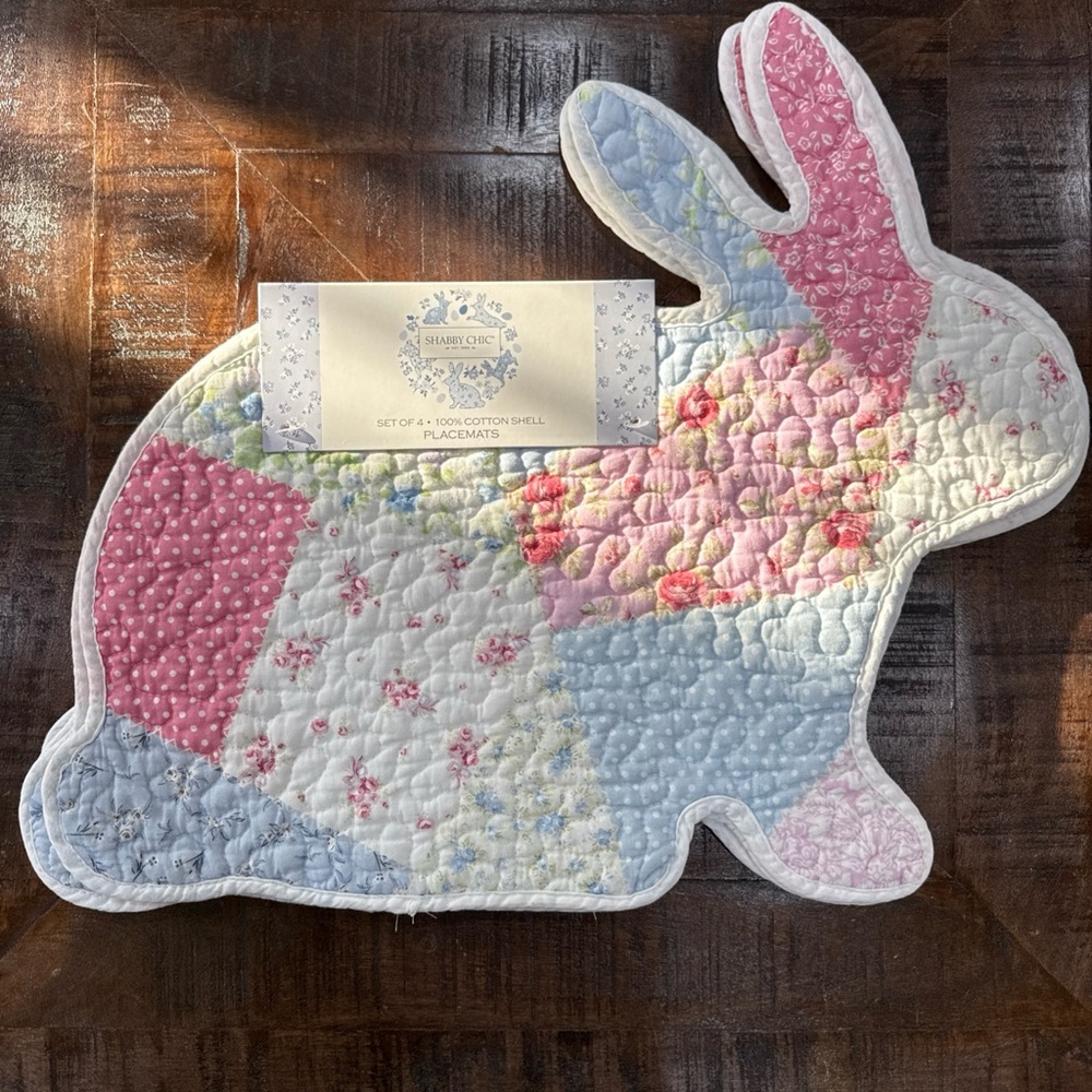 Shabby Chic Set Of 4 Bunny Rabbit Shaped EASTER Placemats Quilted Pastel Roses